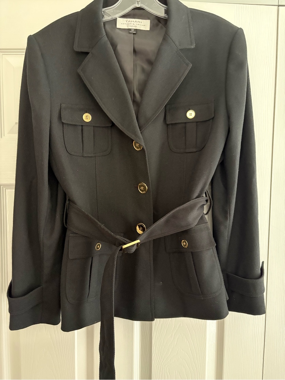 Tahari Black Blazer With Gold Buttons And Belt. Size 16 Petite.